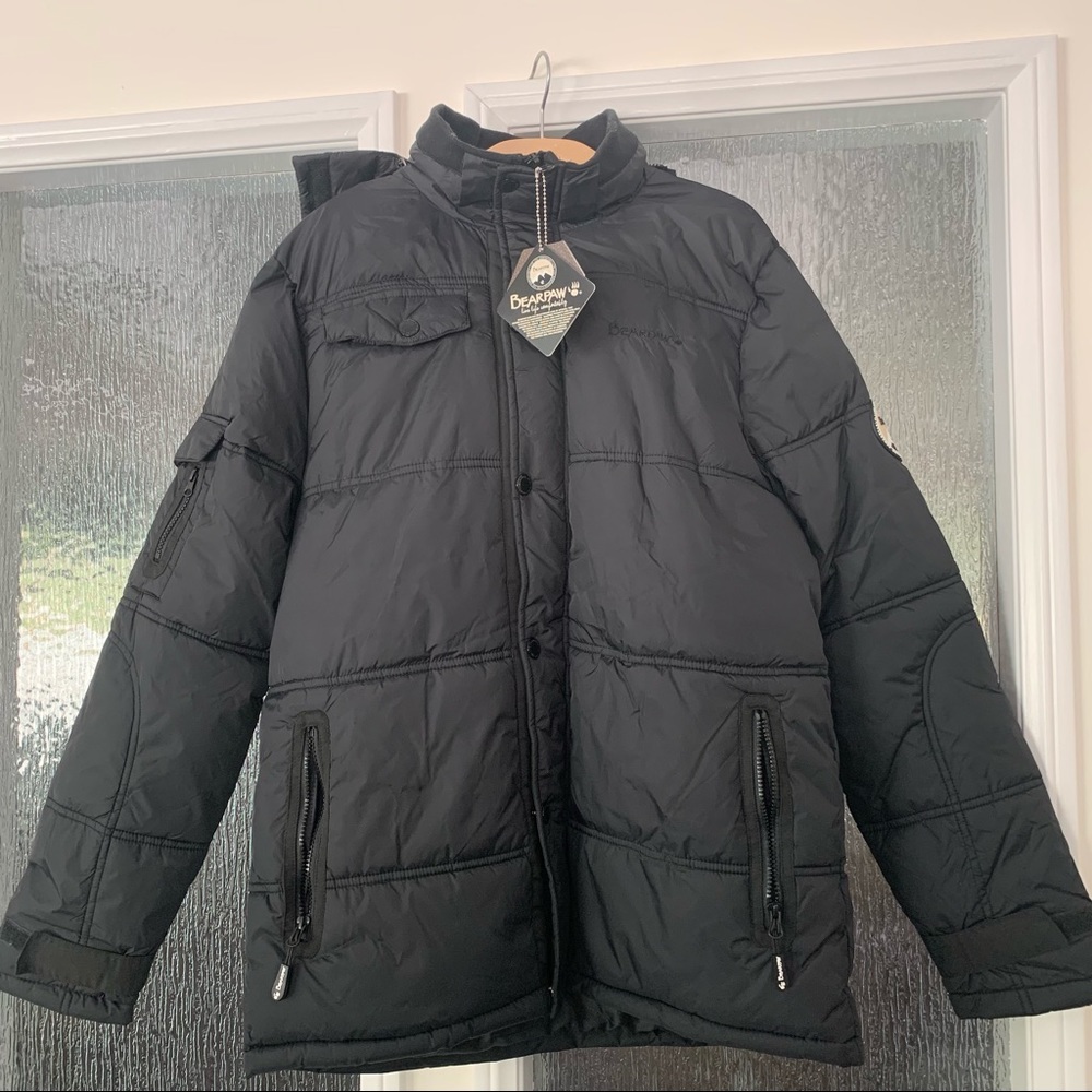 Men’s Warm Winter Hooded Jacket. Hoodie and Faux Feather Removable.  Black